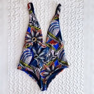 NEW Zara Low Cut Plunge One Piece Swimsuit Large Moroccan Print
